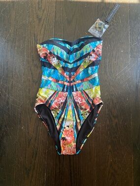 Ivanka Trump Multicolor Floral & Blue Stripe One-Piece Swimsuit